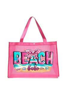 Set di borse a rete di grande capacità, borsa a rete con stampa a motivo da spiaggia, borsa a rete da spiaggia, borsa a rete per cosmetici, borsa da spiaggia impermeabile pieghevole di grande capacità, borsa da spiaggia a rete con decorazione a lettera - Rosa - Visualizzare 6