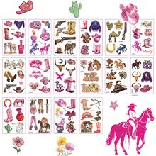16pcs/Pack Pink Western Cowboy Waterproof Temporary Tattoo Stickers - Featuring Riding Horse, Cactus, Cowboy Boots & Hat Patterns, Suitable For Holiday Parties, Themed Events Decoration, Cowboy Style Accessories