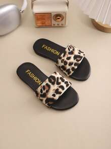 1 Pair Girls' Leopard Print Personalized Design Sandals, Soft & Comfortable, Spring/Summer Casual Beach Slippers - Black - View 3