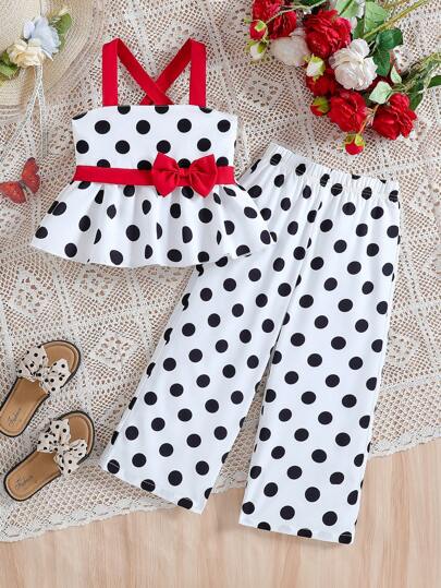 [Retro Polka Dot + Color Block Design] Girls Cute 3D Bow Camisole Top + Wide Leg Loose Pants Set, Casual Resort, Outdoor Travel, Beach Style Comfortable Children Summer Outfit