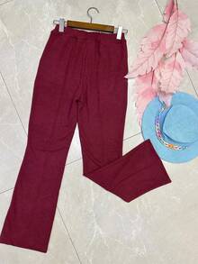 Wide Leg Pants In Soft Fleece Fabric With Fashionable Pocket - 酒紅色 - 查看 2