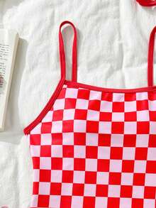 Women's Simple Plaid Halter Neck Tied Detachable Design Sporty One-Piece Swimsuit, Suitable For Youth & Teenagers, Casual Activewear