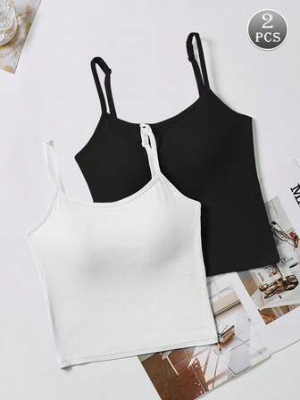 2 件套女士纯色罗纹吊带上衣带垫，休闲性感短款上衣，适合健身