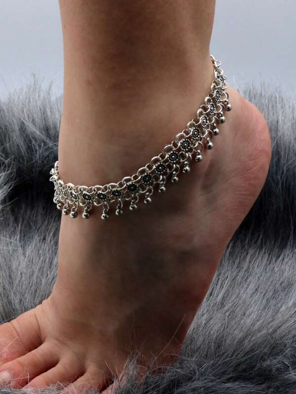 1pc Fashionable Summer Beach Anklet With Vintage Engraved Bell Charm And Tassel Pendant