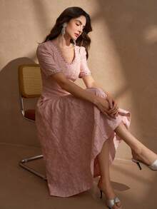 Elegant V-Neck Beaded Puff Sleeve A-Line Luxury Fashion Midi Dress For Women - Pink - View 9