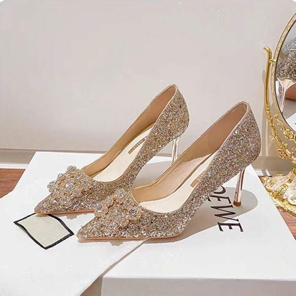 Hochzeits-Highheels mit Kristallbesatz |   Elegante Brautschuhe in Gold (Perfekt für Brautkleid & Abendmode)