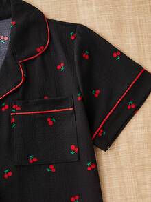 3pcs Women Cherry Pattern Pocket Decorated Short Sleeve T-Shirt, Shorts And Pants Pajamas Suit, Suitable For Spring - Black - View 5