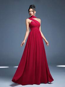 Mgiacy、新品、单肩、围巾飘带、优雅、伴娘服、荷叶边、雪纺、长裙、适合、婚礼宾客礼服女士 - 玫紅 - 查看 4