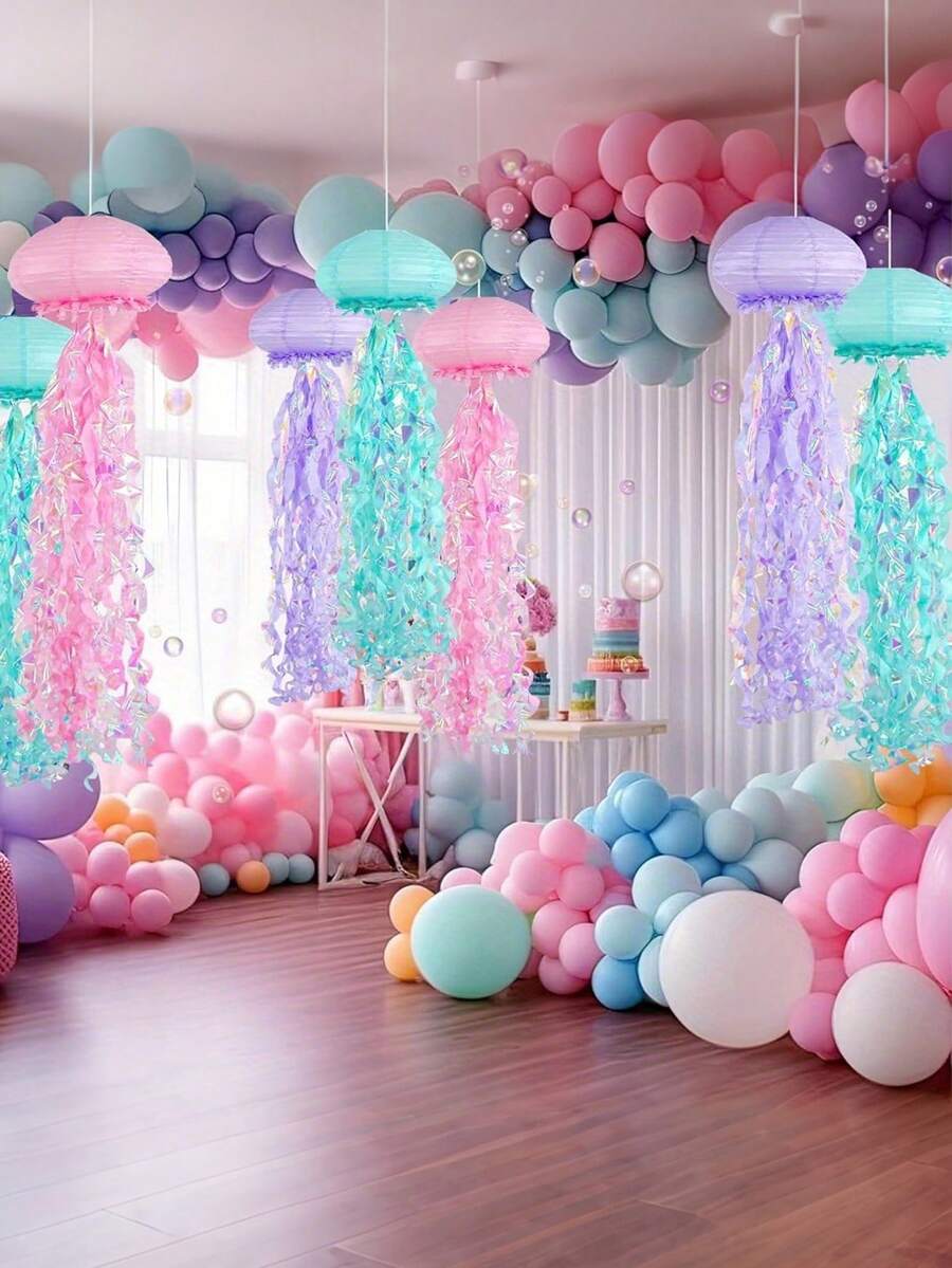 3 chiếc đèn lồng giấy hình sứa, trang trí tiệc chủ đề đại dương, có các màu xanh dương/hồng/tím, thích hợp trang trí cửa sổ lớp học, cửa ra vào, sân vườn, lễ hội, tiệc dưới nước, trang trí sinh nhật nàng tiên cá.