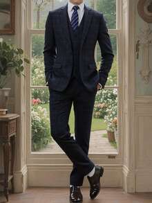 Furuyal Men's Suits Plaid Gentleman Slim Fit Single Breasted Formal 4 Pieces Suit For Men Blazer Vest Pants Tie Set Wedding Business Prom Party Black Size XS-3XL