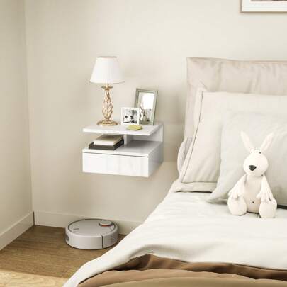 HOMCOM Comodino Sospeso per Camera da Letto con Cassetto e Ripiano Aperto, Comodino Moderno Salvaspazio in Legno, 35x32x22.5 cm, Nero Lucido