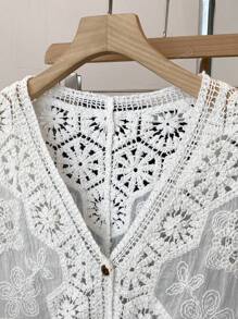 JIANHU Petite Boho Crochet Cardigan - Romantic Floral & Geometric Lace Cover-Up For Vacation & Daily Wear | Lightweight V-Neck Button-Up Knit (Perfect For Petite Frames)