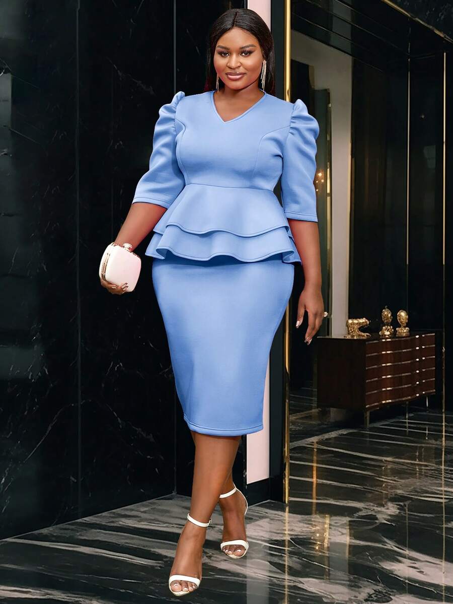 女士V领半袖收腹荷叶边连衣裙，适合生日婚礼派对 - 藍色 - 查看 1