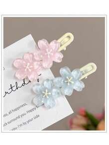 4pcs Romantic Sweet Pink/Blue Sakura Hair Clips, Cute Side Bangs Clips For Women, Y2K Fairy Decorative Hair Accessories, Ins Style, Hair Clip Card Paper Not Included, Suitable For Daily Use, Valentine's Day Gift Back To School