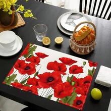 4pcs Set Poppy Flower Printed Linen Placemats - Woven Linen Rectangle Table Mats For Dining, Kitchen, Coffee Table, Dining Table Decor - Multicolor - View 6