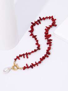 1pc Boho Tropical Island Irregular Red Coral Beaded Sailor Buckle Necklace For Charm Women's Vacation Beach Jewelry Accessories