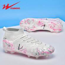 STARNOVO Professional Dual-Star Football/Soccer Cleats, Outdoor Sports Spike Shoes For Men & Women, Suitable For Soccer/Baseball, Artificial Turf & Natural Grass, Non-Slip, Comfortable, Leather Material, Multiple Colors Available, High-Top Design For Professional Football/Youth World Cup Football Shoes, Competitively Priced - 白色 - 查看 5