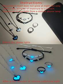 ATLVXJL 6pcs/Set Glow-In-The-Dark Heart Pendant Necklace, Bracelet, And Ring Set, Stainless Steel Magnetic Clasp Couple/Friendship Jewelry, Suitable For Everyday Wear And Valentine's Day Gift