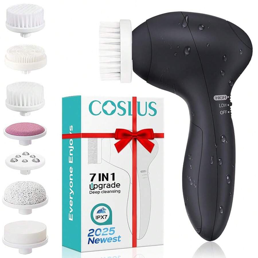 Facial Cleansing Brush Silicone Face Scrubber: 7 In 1 FBS-D Electric Exfoliating Rotating Massage Device Waterproof Deep Cleaning Exfoliation Spa Machine - Electronic Skin Care Wash System - Black - View 1