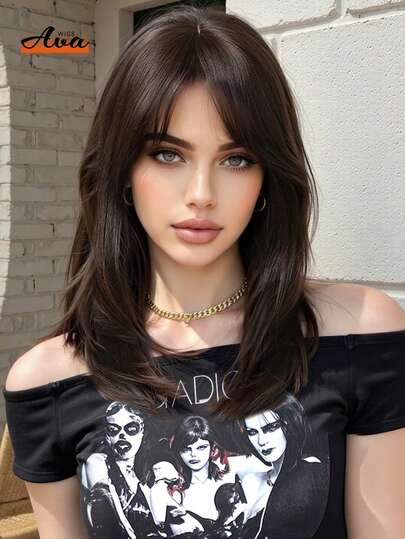 Ava WIGS 18英寸黑棕色长款层次假发，带刘海，女士合成耐热假发，柔软易造型，适合日常佩戴、工作、节日等场合，也可作为万圣节、圣诞节送给女性的礼物。