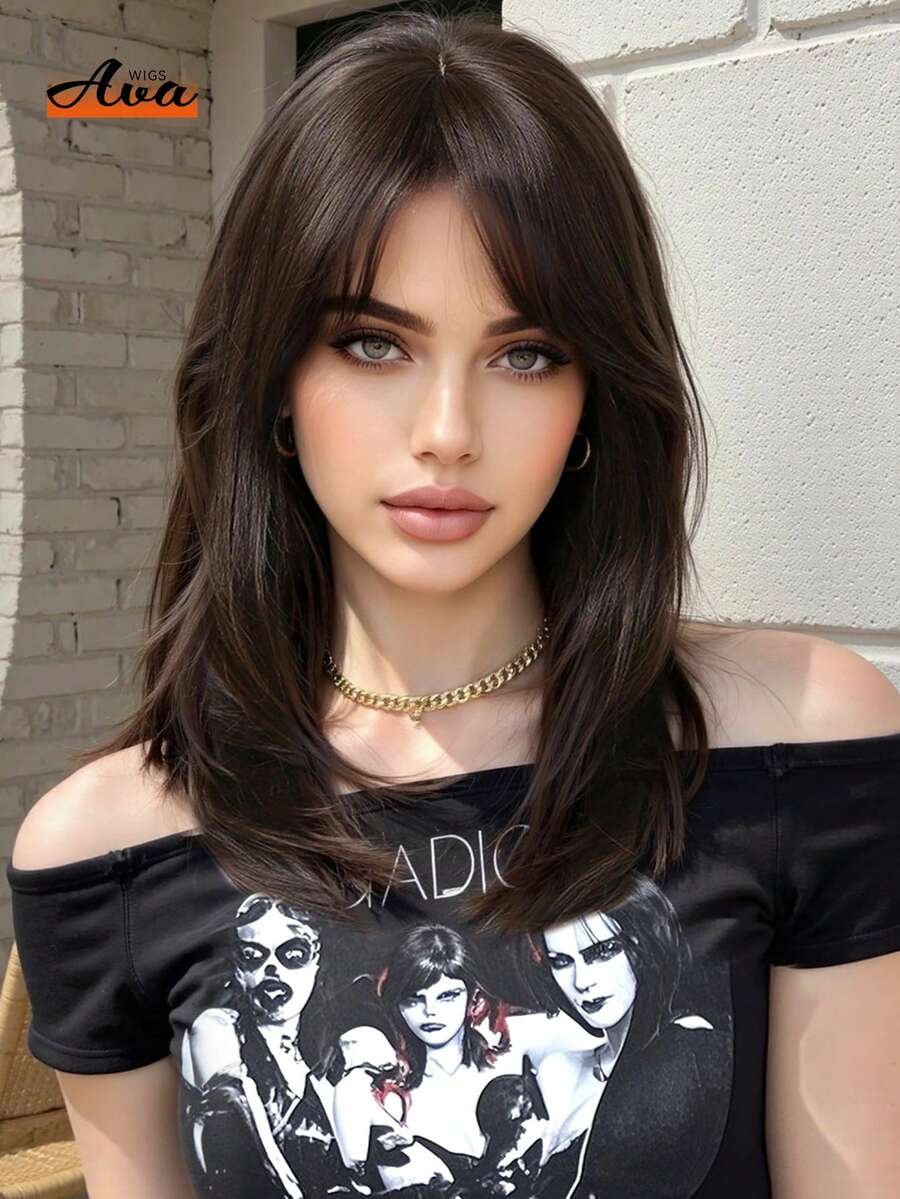 Ava WIGS 18英寸黑棕色长款层次假发，带刘海，女士合成耐热假发，柔软易造型，适合日常佩戴、工作、节日等场合，也可作为万圣节、圣诞节送给女性的礼物。 - 黑棕色 - 查看 1