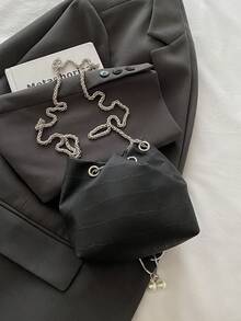 1pc Chain Drawstring Closure PU Solid Color Bucket Bag With Metal, Pearl, Bow Decor, Women Pleated Shoulder/Crossbody Purse, Fashion Gift Bag For Party, Date, Shopping, Daily Use - Black - View 10