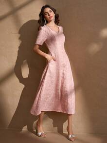 Elegant V-Neck Beaded Puff Sleeve A-Line Luxury Fashion Midi Dress For Women - Pink - View 7
