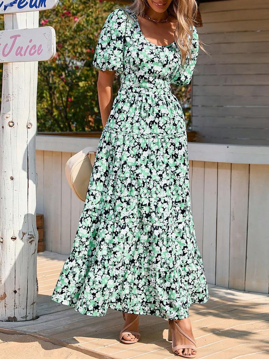 Women's Dress, Puffed-Sleeve Floral Casual Summer Dress, Pleated Back, Beach Flowing, Layered Long Sundress - Nền đen với hoa màu xanh lá cây - Xem 1