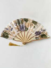 1pc Folding Fan Hand Held Fans Wooden Folding Fan Handheld Folding Fan Chinese Style For Church Wedding Gift Vintage Home Decor Handheld,Vintage Floral Hand-Held Folding Fan With Tassel,Chinese Vintage Bamboo Fan,Elegant Folding Fan,Women Hand Held Folding Fan,Chinese Traditional Hand Fan, Wedding Gift, - Beige - View 13