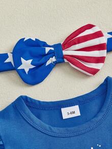 4th Of July Baby Girl Bodysuit Pants Outfit Print Ruffled Flying Sleeve Romper Bell Bottoms And Bow Headband 3Pcs Fourth Of July Outfit - 藍色 - 查看 8