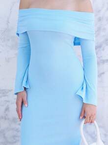Andrea Bello 女士性感优雅褶饰露肩喇叭袖修身长袖连衣裙秋季女士连衣裙舞会礼服秋季女士毛衣连衣裙蓝色连衣裙冬季女士连衣裙秋季女装，女士柔和色调连衣裙 - 淺藍色 - 查看 5