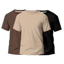 KIT 3 Basic Plain Men's T-Shirts 100% Cotton 30.1 - Brown + Beige + Black - View 1