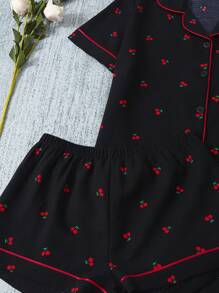 Set de 3 piezas con cárdigan de manga corta con volantes, pantalones cortos y pantalones de pijama con estampado rojo de cerezas, para vacaciones