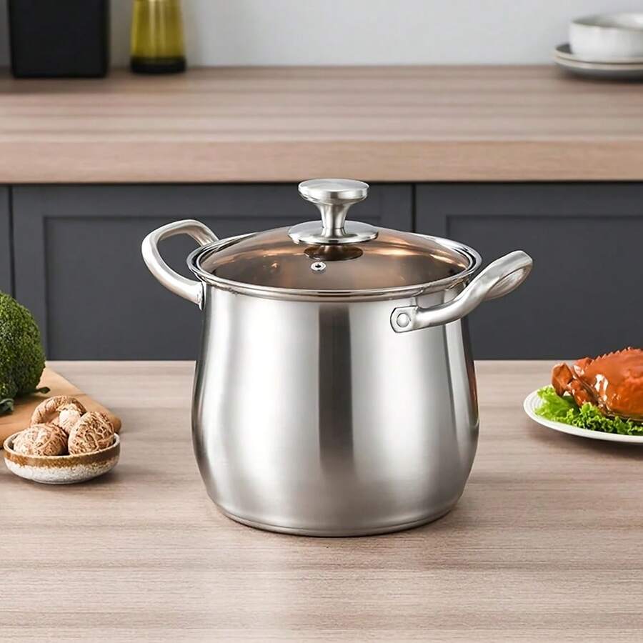 Olla de acero inoxidable, olla de cocción de gran capacidad, olla de stock de paredes gruesas, multifuncional para cocina y platos en el hogar, 22 cm de diámetro, cena para Acción de Gracias, Halloween, Navidad, regalos familiares - Plateado - Ver 1