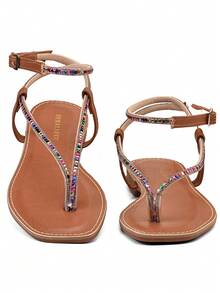 BERALLUTY WOMEN'S FLAT SANDAL WITH STRASS AND GLITTER, COMFORTABLE - Lạc đà - Xem 5