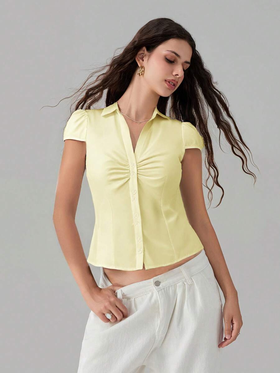 Women's Button Down Shirts Cap Sleeve Lapel Collar Tie Back Slim Fit Tops Summer Shirts