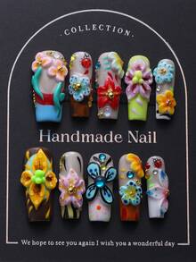 10 片热带花卉和昆虫浮雕 3D 指甲贴，复古 Y2K 坏蛋风格，优雅，适合女性和女孩按压指甲美甲用品