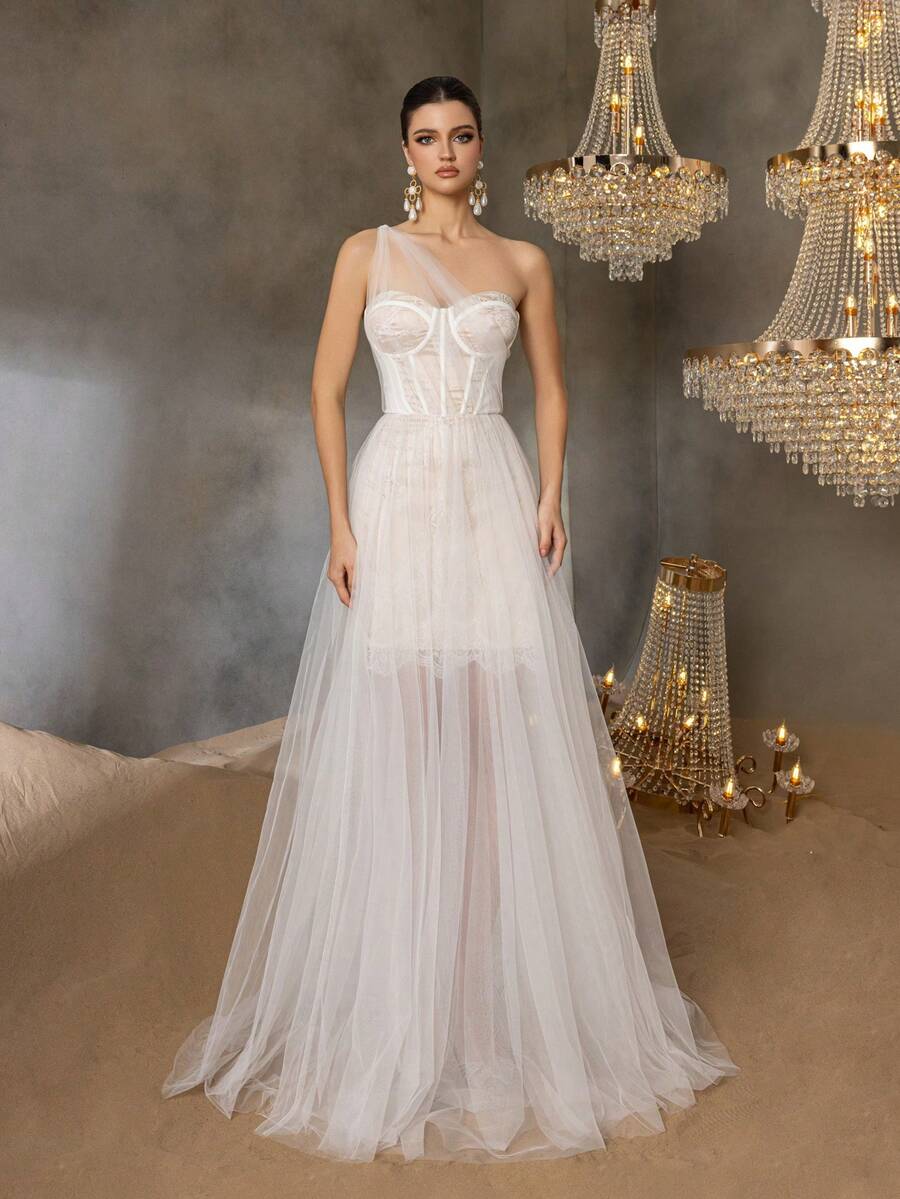 Faeriesty Elegant Classic Bridal Gown With One-Shoulder Sweetheart Neckline, Intricate Lace Bodice And Sheer Flowing Tulle Skirt – Romantic Wedding Dress For Church, Garden, Beach & Ballroom Ceremonies - White - View 1