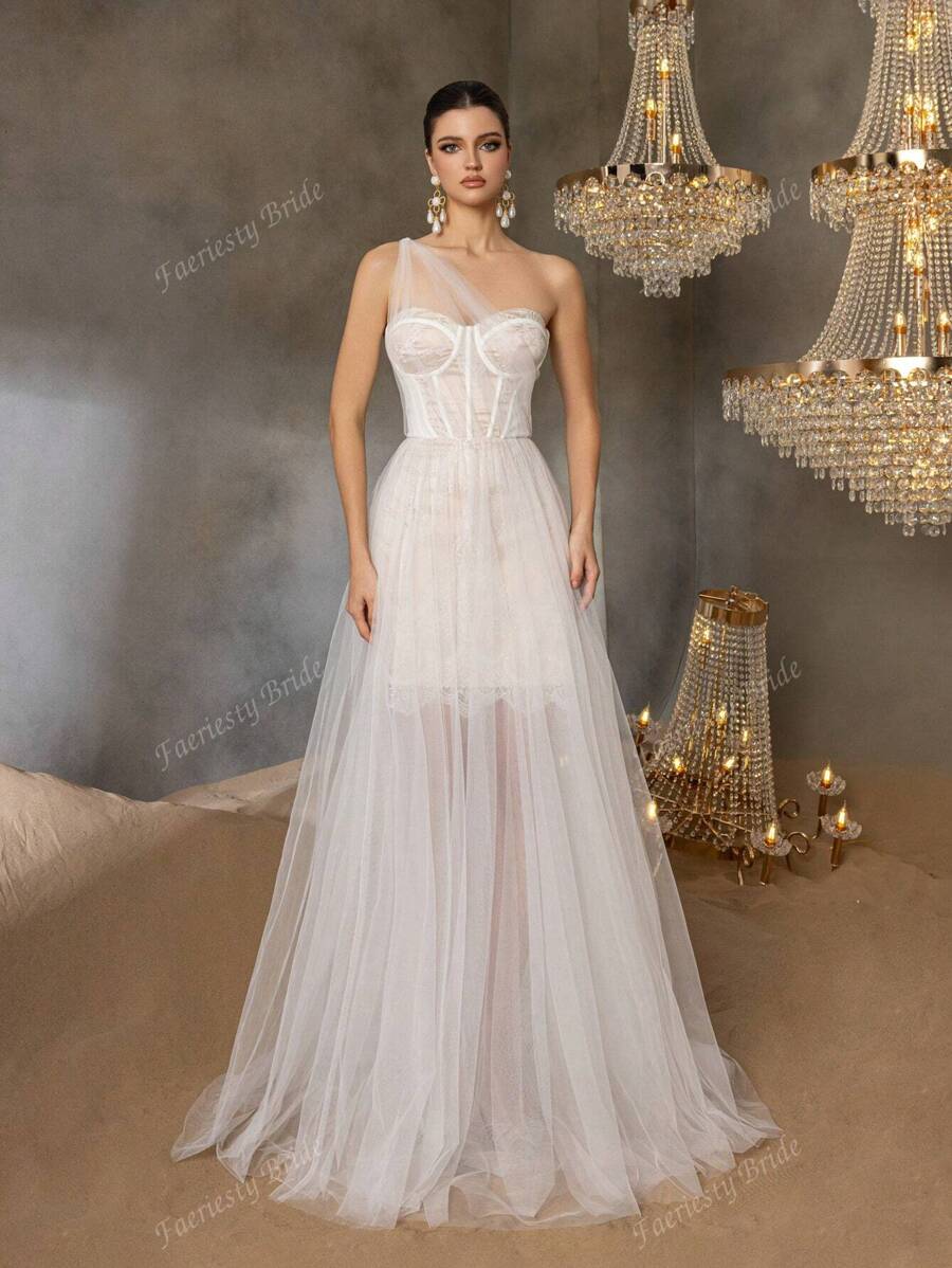 Faeriesty Elegante vestido de novia clásico con escote corazón de un hombro, intrincado corpiño de encaje y falda de tul fluida - Vestido de boda romántico para ceremonias en iglesia, jardín, playa y salón de baile