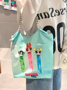 THE POWERPUFF GIRLS Japanese Style Versatile Cartoon Canvas Bag, Tote Bag For Women With Large Capacity, Shoulder Bag, Embroidered Beach Bag, Nylon Shopper Bag