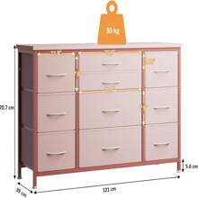 Commode pour chambre à coucher avec 10 tiroirs, meuble TV à structure métallique en tissu, commode de table en bois de décoration moderne pour chambre à coucher, salon, 120 x 39 x 70 cm