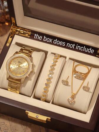 6pcs Gorgeous Women's Quartz Watch Set With Bracelet, Necklace, Ring, Earrings Jewelry Set, Round Dial, Personalized Non Scale Design, Fixed Size Strap, Suitable For Festival Gifts And Daily Wear, Excluding Packaging Box