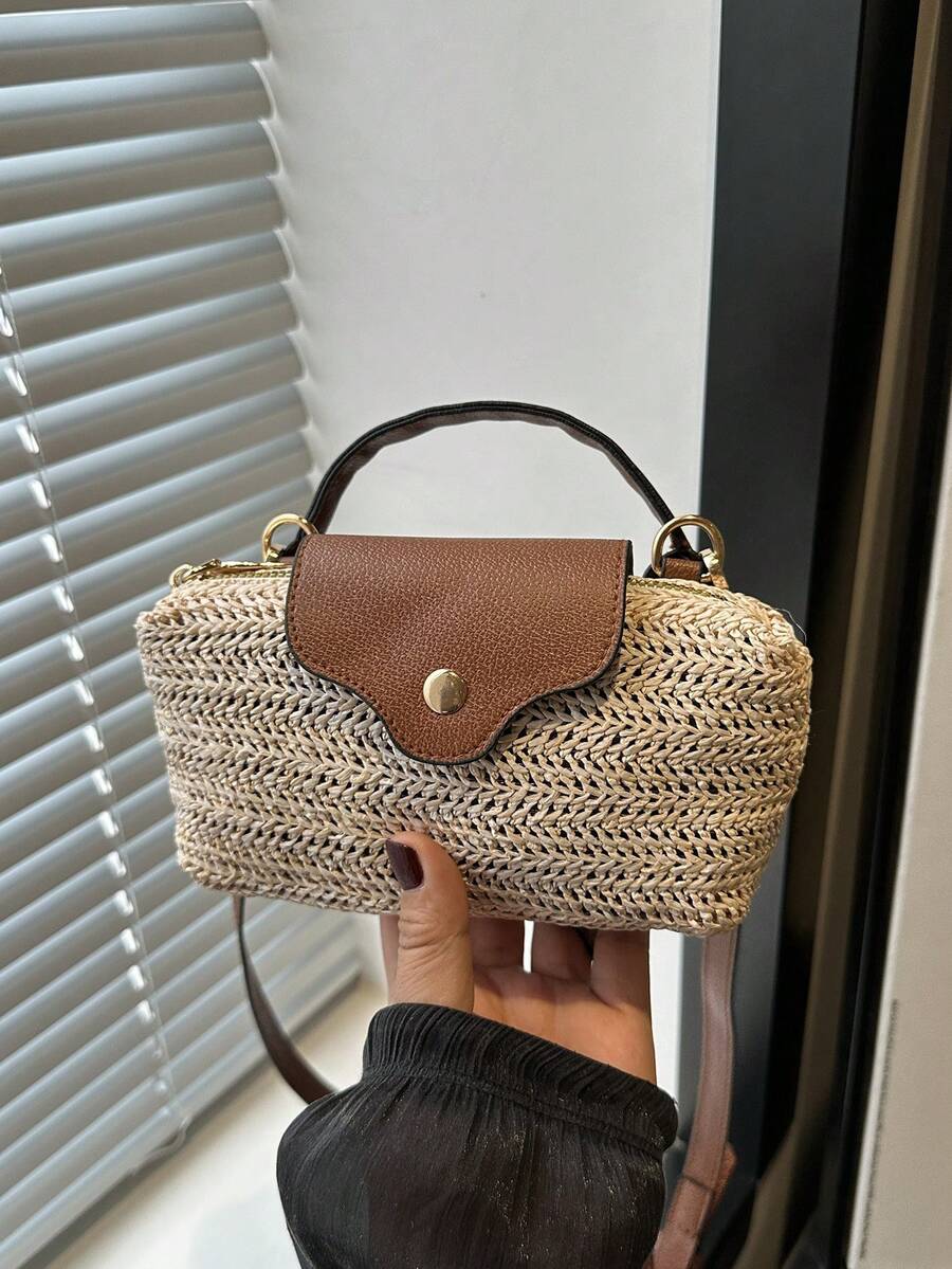 Nuevo bolso cuadrado mini de paja tejida, bolso con solapa de estilo exclusivo de playa, bolso cuadrado pequeño multifuncional de hombro/bandolera, adecuado para mujeres, se puede usar para calle, fiesta, hogar, ocasiones de primavera/verano.