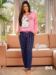 Pijama Feminino Inverno Longo  Cordão falso  Fofo  elegante  Luxuoso  Mulher casual  Young casual  Tecido de malha  Manga Comprida Gato Xícara Fofinho