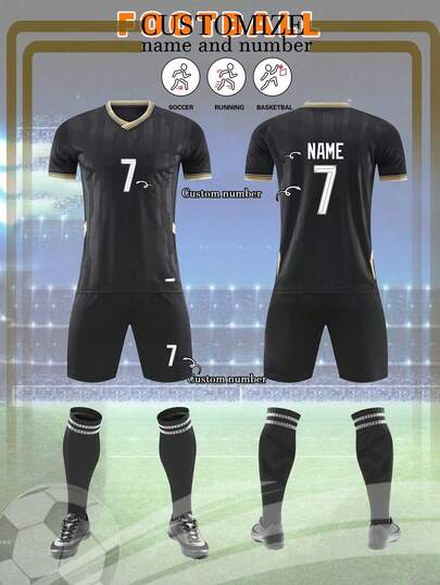 2pcs Personalized Men's Football Jerseys, Black Customized Football Uniform, Men's Sportswear Set, Sports Outfit, Men's Running Suit, Summer Men's Set, Men's T-Shirt Suit, Football Jerseys, Customized Football Uniforms With Number Printing, Suitable For Football, Badminton, Basketball, Cycling, Daily Wear