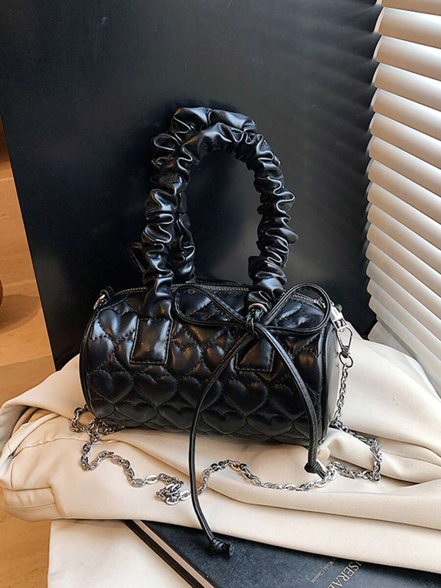 1pc Girl Heart Shaped Pleated Handbag With Print