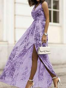 Vestido largo de verano con estampado floral, cuello en V, sin mangas, con abertura lateral para mujer - Boho, vacaciones, vestido de verano, boda, vestidos de vacaciones para mujer, Old Money, traje de San Patricio, vestido de Pascua para mujer, vestido escotado por detrás, atuendo de vaquera, vestido de novia - Morado - Ver 3