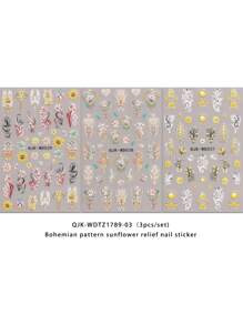 3 Pieces Of Bohemian Pattern Sunflower Relief Nail Art Stickers - Yellow, Blue, Black, And White Bohemian Fresh Hollow Patterns, Vines, Heart-Shaped Flowers, Roses, And Sunflower Art Designs, 5d Relief Technology, Suitable For Women's Disposable Self-Adhesive Back Adhesive Nail Art Stickers, Bohemian Pattern Theme Style, Easy To Stick Nail Decoration Stickers