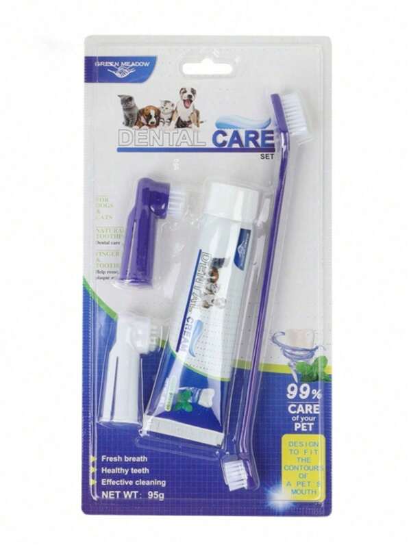 Nuevo set de pasta dental para mascotas con sabor a carne, 1 set que incluye cepillo de dientes y pasta dental para mascotas, con pasta dental para perro, cepillo de dientes de doble cara y cepillo de dedo para la limpieza dental de perros y gatos, kit de cuidado dental para mascotas, fácil limpieza dental para perros y gatos con dientes blandos.