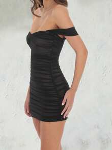 Women Mini Dress Solid Color Mesh Off Shoulder Dress Summer Fashion Backless Bodycon Dress - Black - View 6